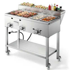 VEVOR Outdoor Propane Griddle, 3 Burners (11,600 BTU Each), Commercial Stainless Steel Griddle with Two 1/3 Size Food Warming Pans, Portable Cart with 4 Lockable Wheels, for Hot Dogs, Burgers & Meats