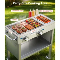 VEVOR Outdoor Propane Griddle, 2 Burners (11,600 BTU Each), Commercial Stainless Steel Gas Griddle Cart with 4 Lockable Wheels, 1/3 Food Pan, Easy-Grip Side Handle, Ideal for Hot Dogs, Burgers & Meats
