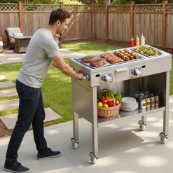 VEVOR Outdoor Propane Griddle, 2 Burners (11,600 BTU Each), Commercial Stainless Steel Gas Griddle Cart with 4 Lockable Wheels, 1/3 Food Pan, Easy-Grip Side Handle, Ideal for Hot Dogs, Burgers & Meats