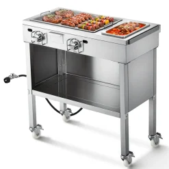 VEVOR Outdoor Propane Griddle, 2 Burners (11,600 BTU Each), Commercial Stainless Steel Gas Griddle Cart with 4 Lockable Wheels, 1/3 Food Pan, Easy-Grip Side Handle, Ideal for Hot Dogs, Burgers & Meats