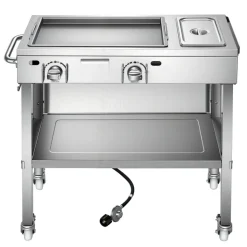 VEVOR Outdoor Propane Griddle, 2 Burners (11,600 BTU Each), Commercial Stainless Steel Gas Griddle Cart with 4 Lockable Wheels, 1/3 Food Pan, Easy-Grip Side Handle, Ideal for Hot Dogs, Burgers & Meats