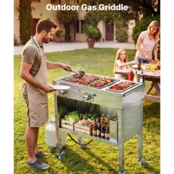 VEVOR Outdoor Propane Griddle, 2 Burners (11,600 BTU Each), Commercial Stainless Steel Gas Griddle Cart with 4 Lockable Wheels, 1/3 Food Pan, Easy-Grip Side Handle, Ideal for Hot Dogs, Burgers & Meats