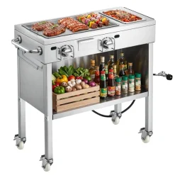 VEVOR Outdoor Propane Griddle, 2 Burners (11,600 BTU Each), Commercial Stainless Steel Gas Griddle Cart with 4 Lockable Wheels, 1/3 Food Pan, Easy-Grip Side Handle, Ideal for Hot Dogs, Burgers & Meats