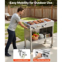 VEVOR Outdoor Propane Griddle, 2 Burners (11,600 BTU Each), Commercial Stainless Steel Gas Griddle Cart with 4 Lockable Wheels, 1/3 Food Pan, Easy-Grip Side Handle, Ideal for Hot Dogs, Burgers & Meats