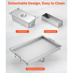VEVOR Outdoor Propane Griddle, 2 Burners (11,600 BTU Each), Commercial Stainless Steel Gas Griddle Cart with 4 Lockable Wheels, 1/3 Food Pan, Easy-Grip Side Handle, Ideal for Hot Dogs, Burgers & Meats