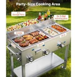 VEVOR Outdoor Propane Griddle, 3 Burners (11,600 BTU Each), Commercial Stainless Steel Griddle with Two 1/3 Size Food Warming Pans, Portable Cart with 4 Lockable Wheels, for Hot Dogs, Burgers & Meats