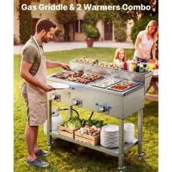 VEVOR Outdoor Propane Griddle, 3 Burners (11,600 BTU Each), Commercial Stainless Steel Griddle with Two 1/3 Size Food Warming Pans, Portable Cart with 4 Lockable Wheels, for Hot Dogs, Burgers & Meats