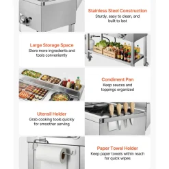 VEVOR Outdoor Propane Griddle, 3 Burners (11,600 BTU Each), Commercial Stainless Steel Griddle with Three 1/3 Size Food Pans, Portable Cart with Wheels & Gas Stove, for Hot Dogs, Burgers & Meats