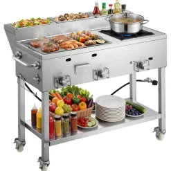 VEVOR Outdoor Propane Griddle, 3 Burners (11,600 BTU Each), Commercial Stainless Steel Griddle with Three 1/3 Size Food Pans, Portable Cart with Wheels & Gas Stove, for Hot Dogs, Burgers & Meats