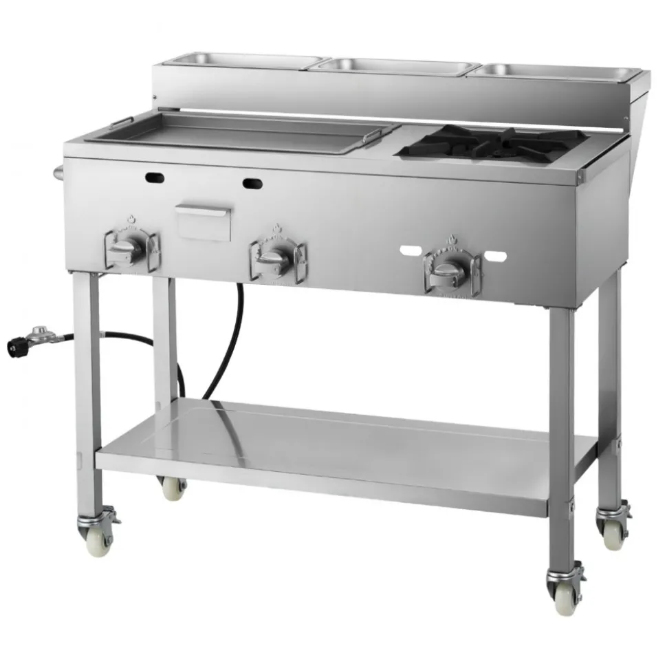 VEVOR Outdoor Propane Griddle, 3 Burners (11,600 BTU Each), Commercial Stainless Steel Griddle with Three 1/3 Size Food Pans, Portable Cart with Wheels & Gas Stove, for Hot Dogs, Burgers & Meats