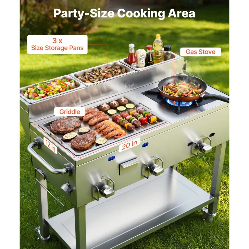 VEVOR Outdoor Propane Griddle, 3 Burners (11,600 BTU Each), Commercial Stainless Steel Griddle with Three 1/3 Size Food Pans, Portable Cart with Wheels & Gas Stove, for Hot Dogs, Burgers & Meats