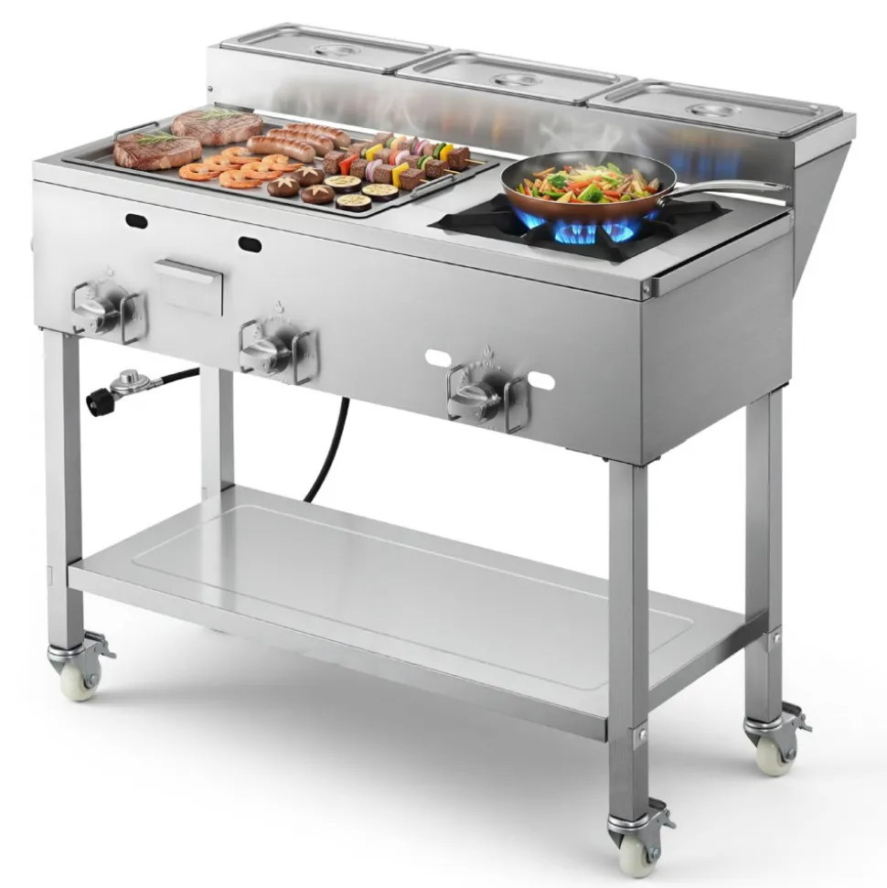 VEVOR Outdoor Propane Griddle, 3 Burners (11,600 BTU Each), Commercial Stainless Steel Griddle with Three 1/3 Size Food Pans, Portable Cart with Wheels & Gas Stove, for Hot Dogs, Burgers & Meats