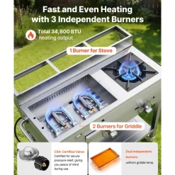 VEVOR Outdoor Propane Griddle, 3 Burners (11,600 BTU Each), Commercial Stainless Steel Griddle with Three 1/3 Size Food Pans, Portable Cart with Wheels & Gas Stove, for Hot Dogs, Burgers & Meats