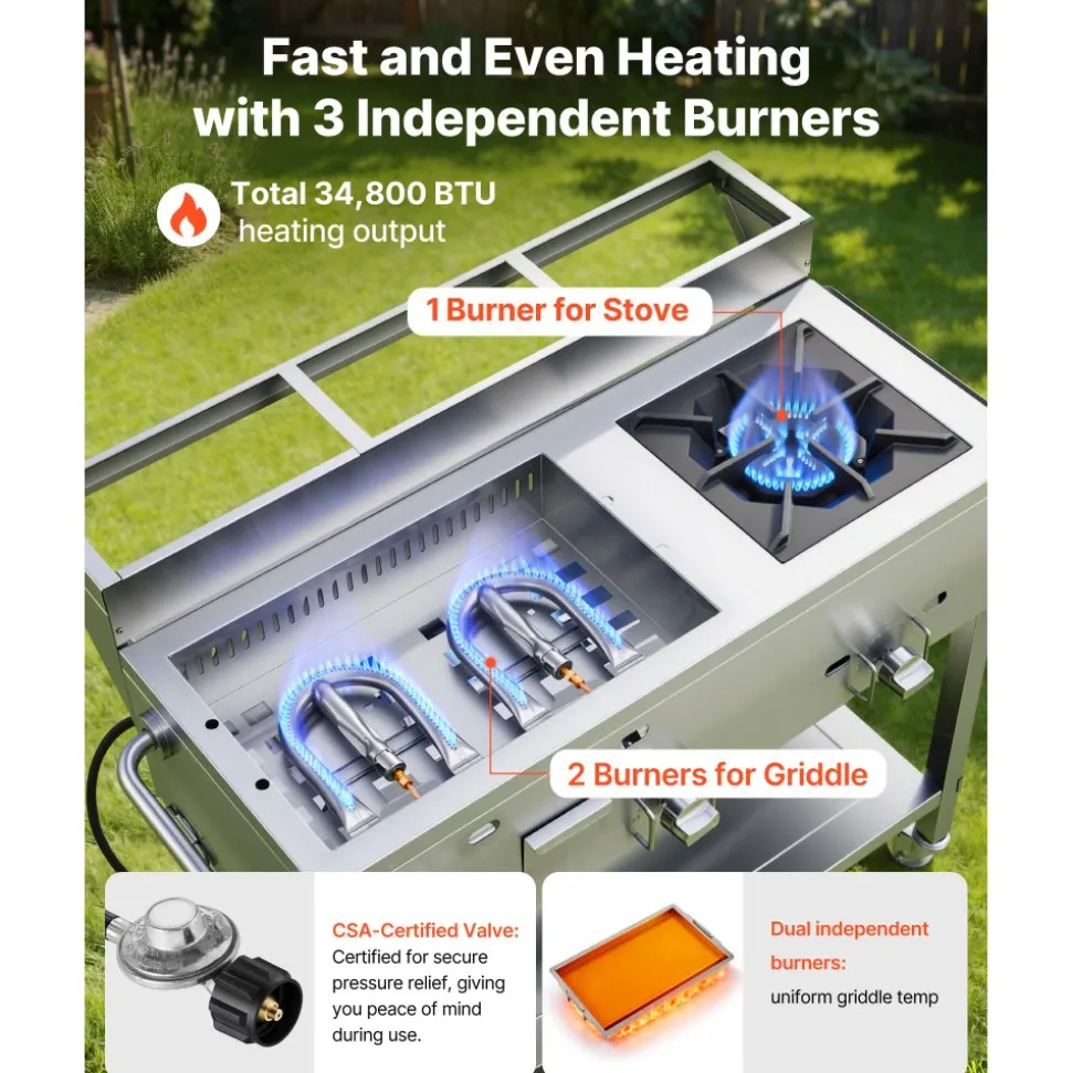 VEVOR Outdoor Propane Griddle, 3 Burners (11,600 BTU Each), Commercial Stainless Steel Griddle with Three 1/3 Size Food Pans, Portable Cart with Wheels & Gas Stove, for Hot Dogs, Burgers & Meats