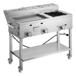 VEVOR Outdoor Propane Griddle, 3 Burners (11,600 BTU Each), Commercial Stainless Steel Griddle with Three 1/3 Size Food Pans, Portable Cart with Wheels & Gas Stove, for Hot Dogs, Burgers & Meats