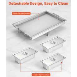 VEVOR Outdoor Propane Griddle, 3 Burners (11,600 BTU Each), Commercial Stainless Steel Griddle with Three 1/3 Size Food Pans, Portable Cart with Wheels & Gas Stove, for Hot Dogs, Burgers & Meats