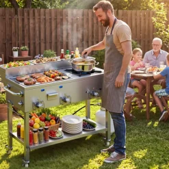 VEVOR Outdoor Propane Griddle, 3 Burners (11,600 BTU Each), Commercial Stainless Steel Griddle with Three 1/3 Size Food Pans, Portable Cart with Wheels & Gas Stove, for Hot Dogs, Burgers & Meats
