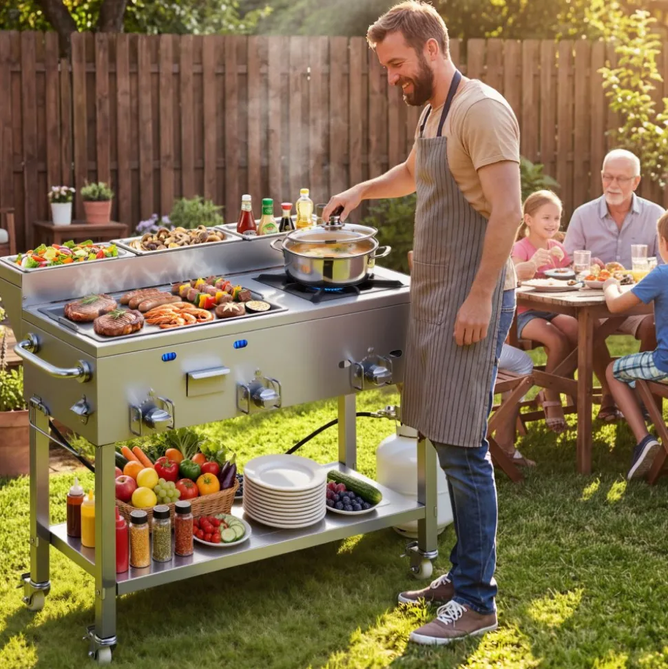 VEVOR Outdoor Propane Griddle, 3 Burners (11,600 BTU Each), Commercial Stainless Steel Griddle with Three 1/3 Size Food Pans, Portable Cart with Wheels & Gas Stove, for Hot Dogs, Burgers & Meats