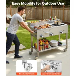 VEVOR Outdoor Propane Griddle, 3 Burners (11,600 BTU Each), Commercial Stainless Steel Griddle with Three 1/3 Size Food Pans, Portable Cart with Wheels & Gas Stove, for Hot Dogs, Burgers & Meats