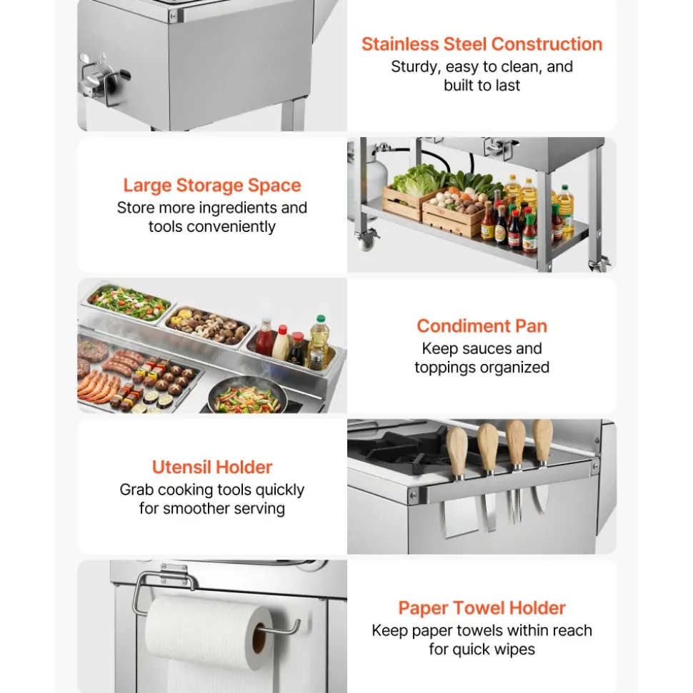 VEVOR Outdoor Propane Griddle, 3 Burners (11,600 BTU Each), Commercial Stainless Steel Griddle with Three 1/3 Size Food Pans, Portable Cart with Wheels & Gas Stove, for Hot Dogs, Burgers & Meats