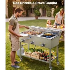 VEVOR Outdoor Propane Griddle, 3 Burners (11,600 BTU Each), Commercial Stainless Steel Griddle with Three 1/3 Size Food Pans, Portable Cart with Wheels & Gas Stove, for Hot Dogs, Burgers & Meats