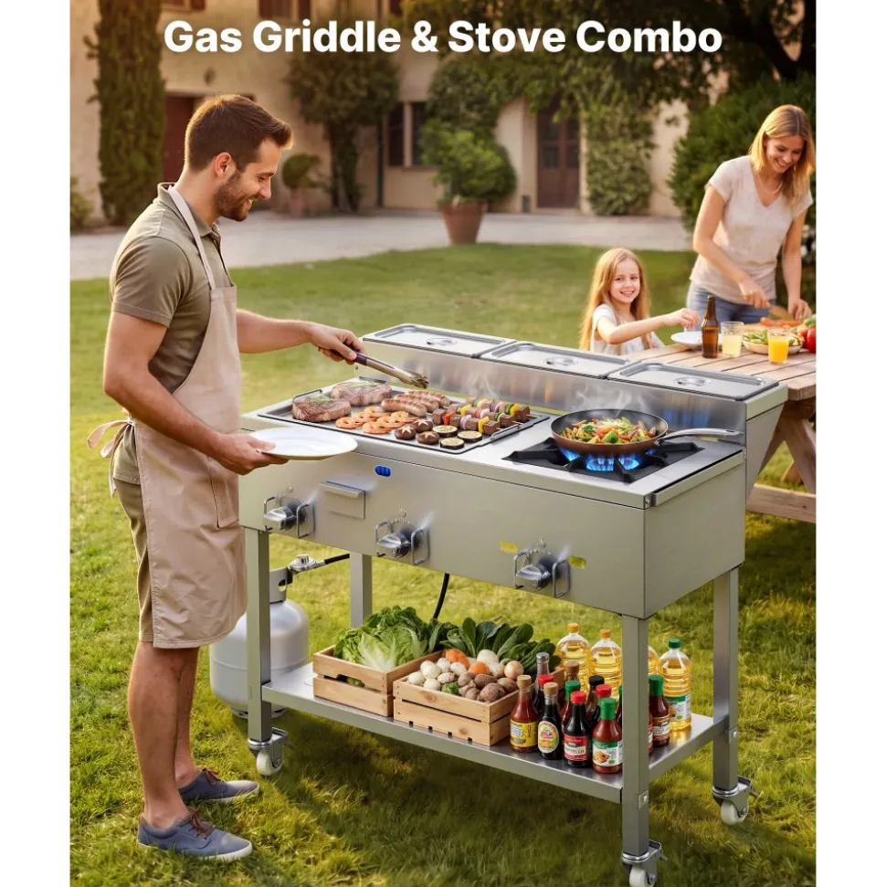 VEVOR Outdoor Propane Griddle, 3 Burners (11,600 BTU Each), Commercial Stainless Steel Griddle with Three 1/3 Size Food Pans, Portable Cart with Wheels & Gas Stove, for Hot Dogs, Burgers & Meats