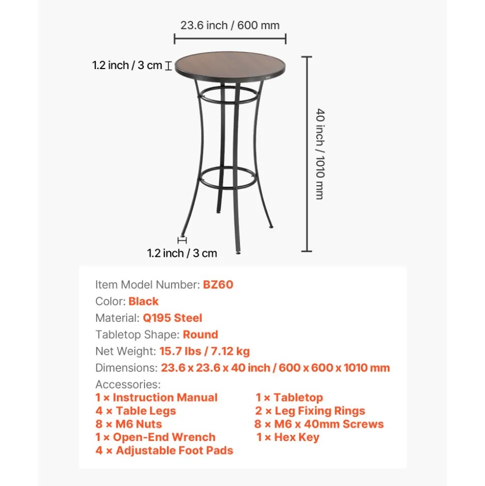 VEVOR Outdoor Round Bar Table, 23.7 in Counter Bar Height Bistro Table, Patio Dining Tables with Easy-to-Clean Top & Sturdy Metal Frame, Indoor High Top Pub Tables for Small Places, Kitchen