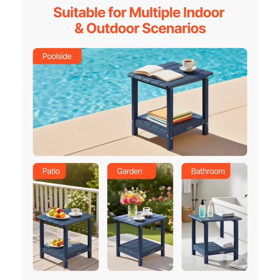 VEVOR Outdoor Side Table, 17.72W x 14.96D x 17.32H Inch, Double Layer HDPE Outside End Table for Easy Maintenance, Withstand Harsh Weather, Fit for Patio, Pool, Beach, Porch, Indoor, Backyard, Blue