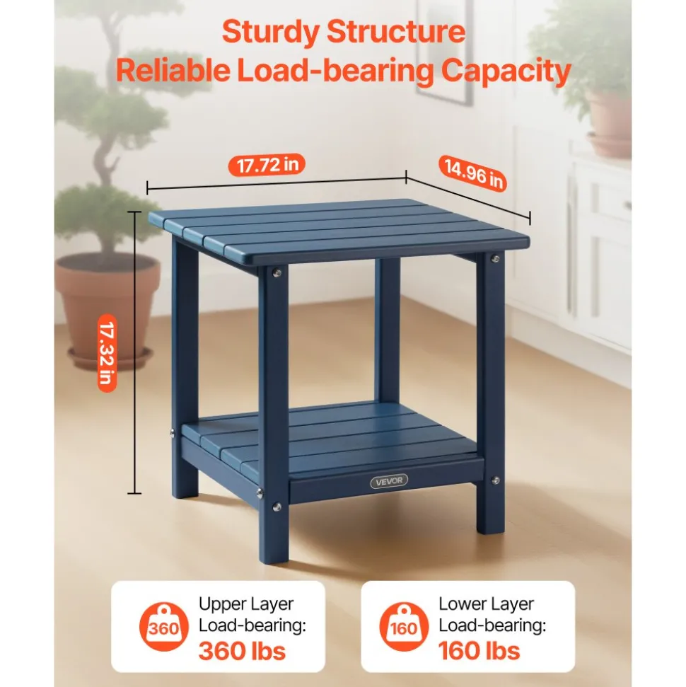 VEVOR Outdoor Side Table, 17.72W x 14.96D x 17.32H Inch, Double Layer HDPE Outside End Table for Easy Maintenance, Withstand Harsh Weather, Fit for Patio, Pool, Beach, Porch, Indoor, Backyard, Blue