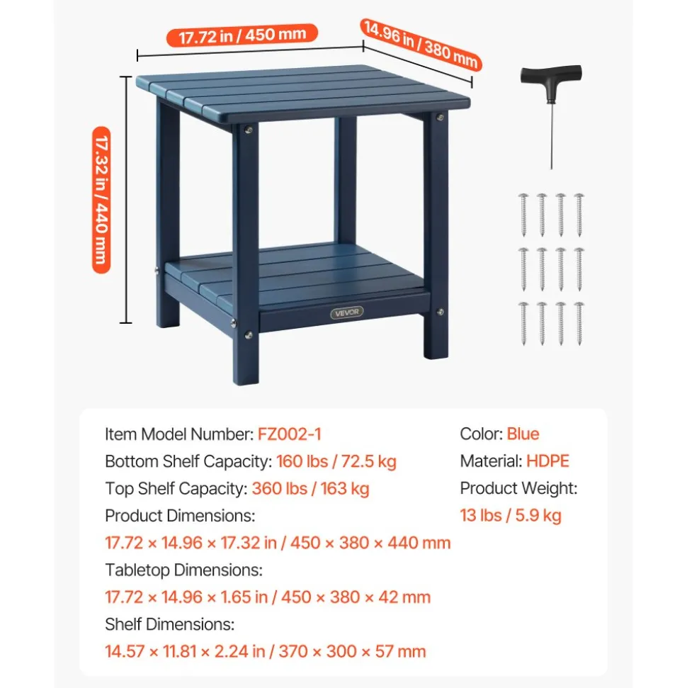 VEVOR Outdoor Side Table, 17.72W x 14.96D x 17.32H Inch, Double Layer HDPE Outside End Table for Easy Maintenance, Withstand Harsh Weather, Fit for Patio, Pool, Beach, Porch, Indoor, Backyard, Blue