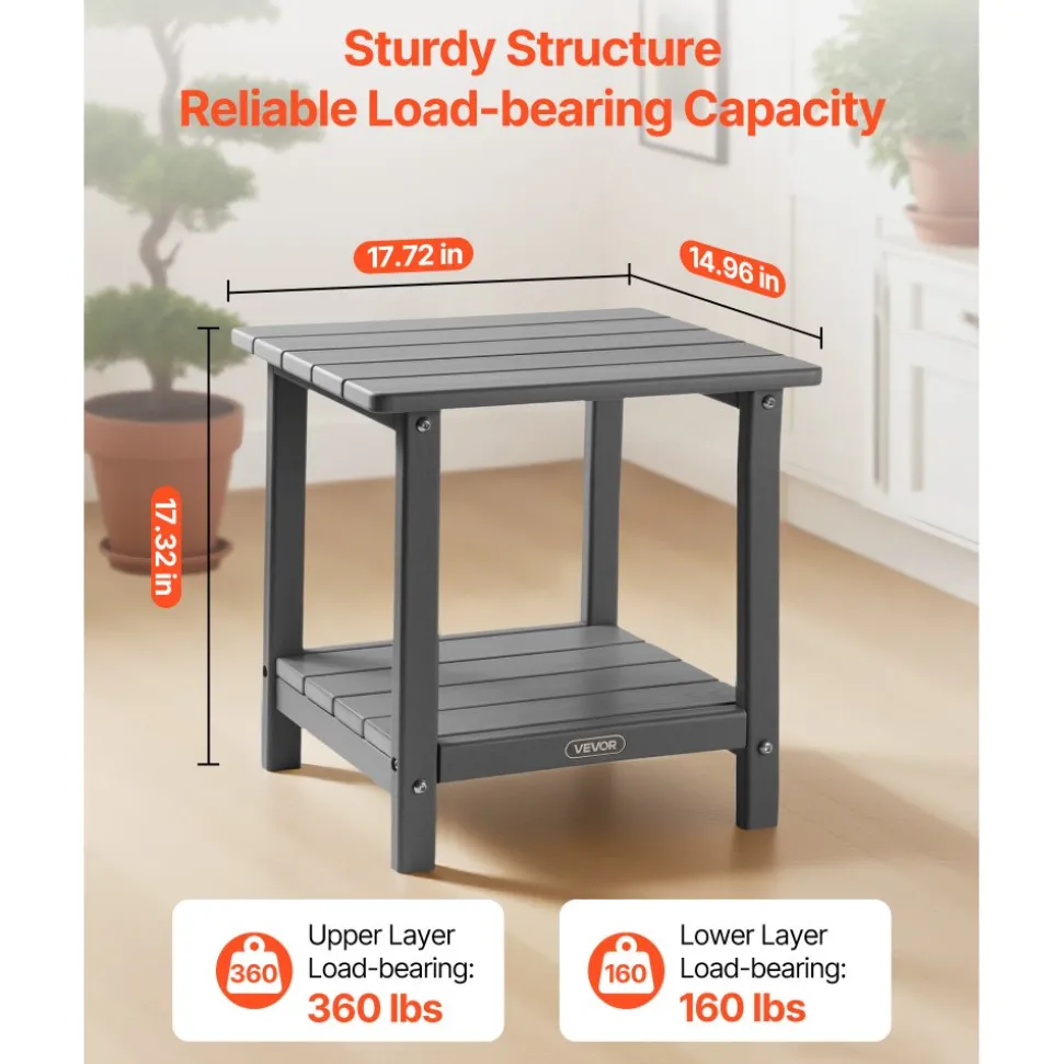 VEVOR Outdoor Side Table, 17.72W x 14.96D x 17.32H Inch, Double Layer HDPE Outside End Table for Easy Maintenance, Withstand Harsh Weather, Fit for Patio, Pool, Beach, Porch, Indoor, Backyard, Grey
