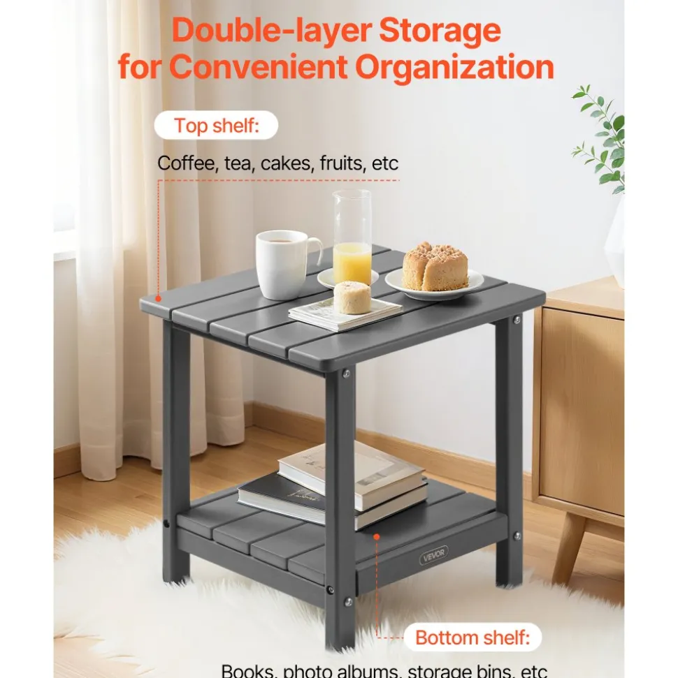 VEVOR Outdoor Side Table, 17.72W x 14.96D x 17.32H Inch, Double Layer HDPE Outside End Table for Easy Maintenance, Withstand Harsh Weather, Fit for Patio, Pool, Beach, Porch, Indoor, Backyard, Grey