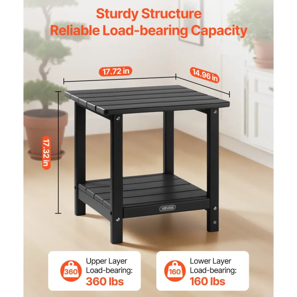 VEVOR Outdoor Side Table, 17.72W x 14.96D x 17.32H Inch, Double Layer HDPE Outside End Table for Easy Maintenance, Withstand Harsh Weather, Fit for Patio, Pool, Beach, Porch, Indoor, Backyard, Black