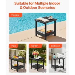 VEVOR Outdoor Side Table, 17.72W x 14.96D x 17.32H Inch, Double Layer HDPE Outside End Table for Easy Maintenance, Withstand Harsh Weather, Fit for Patio, Pool, Beach, Porch, Indoor, Backyard, Black