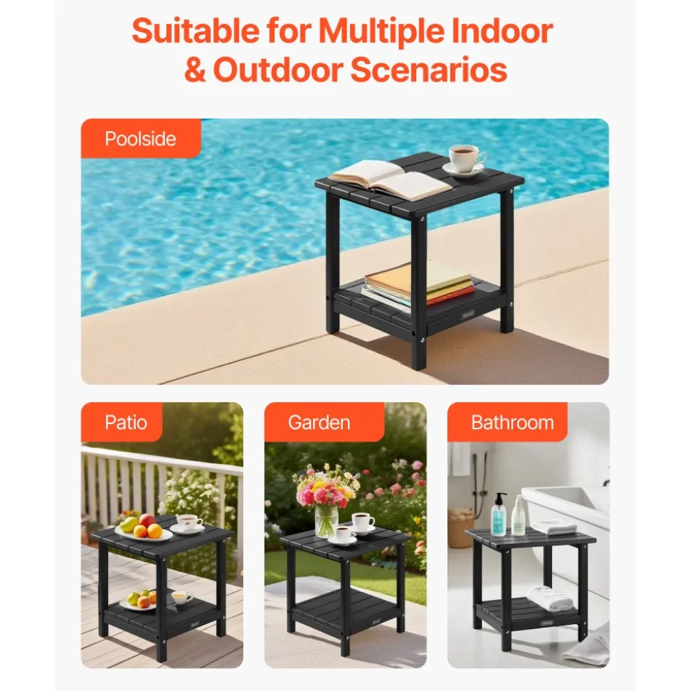 VEVOR Outdoor Side Table, 17.72W x 14.96D x 17.32H Inch, Double Layer HDPE Outside End Table for Easy Maintenance, Withstand Harsh Weather, Fit for Patio, Pool, Beach, Porch, Indoor, Backyard, Black