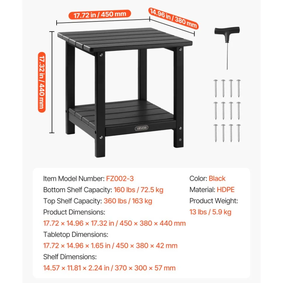 VEVOR Outdoor Side Table, 17.72W x 14.96D x 17.32H Inch, Double Layer HDPE Outside End Table for Easy Maintenance, Withstand Harsh Weather, Fit for Patio, Pool, Beach, Porch, Indoor, Backyard, Black