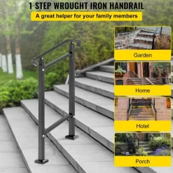 VEVOR Outdoor Stair Railing, Fit 1 or 2 Steps Wrought Iron Handrail, Adjustable Front Porch Hand Railings, Black Transitional Hand Rail for Concrete Steps or Wooden Stairs with Installation Kit