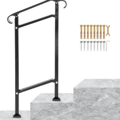 VEVOR Outdoor Stair Railing, Fit 1 or 2 Steps Wrought Iron Handrail, Adjustable Front Porch Hand Railings, Black Transitional Hand Rail for Concrete Steps or Wooden Stairs with Installation Kit
