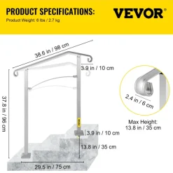 VEVOR Outdoor Stair Railing, Fit 2 or 3 Steps Alloy Metal Handrailing, Front Porch Flexible Transitional Handrail, Arch Step Rail with Installation Kit, for Concrete or Wooden Stairs, Silver