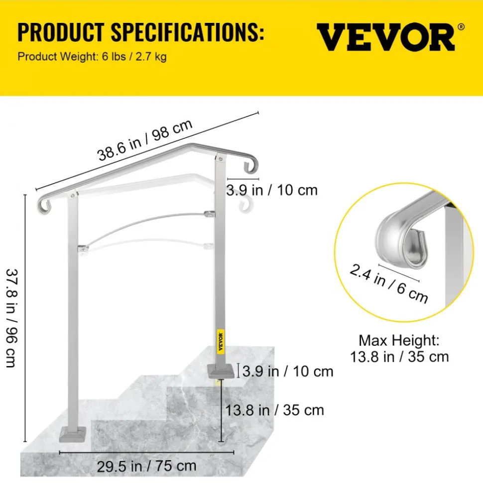 VEVOR Outdoor Stair Railing, Fit 2 or 3 Steps Alloy Metal Handrailing, Front Porch Flexible Transitional Handrail, Arch Step Rail with Installation Kit, for Concrete or Wooden Stairs, Silver