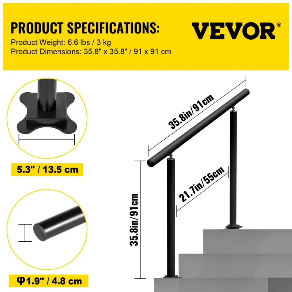 VEVOR Outdoor Stair Railing Kit, 3 FT Handrails 1-3 Steps, Adjustable Angle Black Aluminum Stair Hand Rail for The Elderly, Handrails for Outdoor Steps