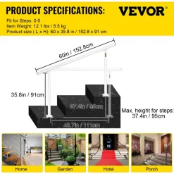 VEVOR Outdoor Stair Railing Kit, 5 FT Handrails 0-5 Steps, Adjustable Angle White Aluminum Stair Hand Rail for The Elderly, Handrails for Outdoor Steps