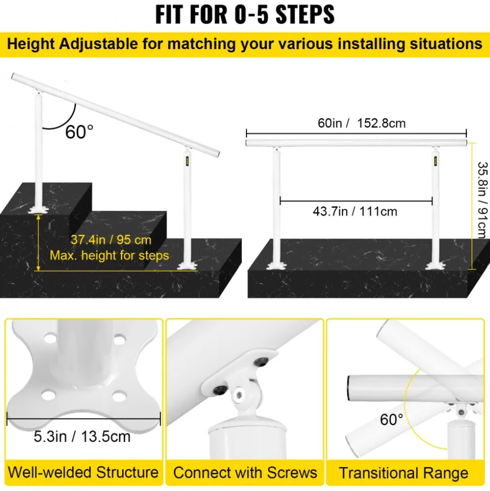 VEVOR Outdoor Stair Railing Kit, 5 FT Handrails 0-5 Steps, Adjustable Angle White Aluminum Stair Hand Rail for The Elderly, Handrails for Outdoor Steps