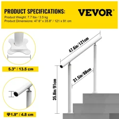 VEVOR Outdoor Stair Railing Kit, 4 FT Handrails 1-4 Steps, Adjustable Angle White Aluminum Stair Hand Rail for The Elderly, Handrails for Outdoor Steps