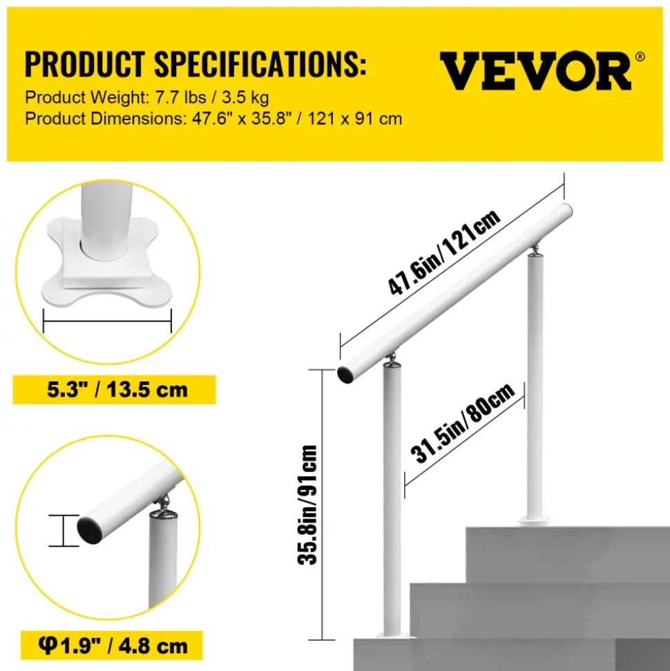 VEVOR Outdoor Stair Railing Kit, 4 FT Handrails 1-4 Steps, Adjustable Angle White Aluminum Stair Hand Rail for The Elderly, Handrails for Outdoor Steps