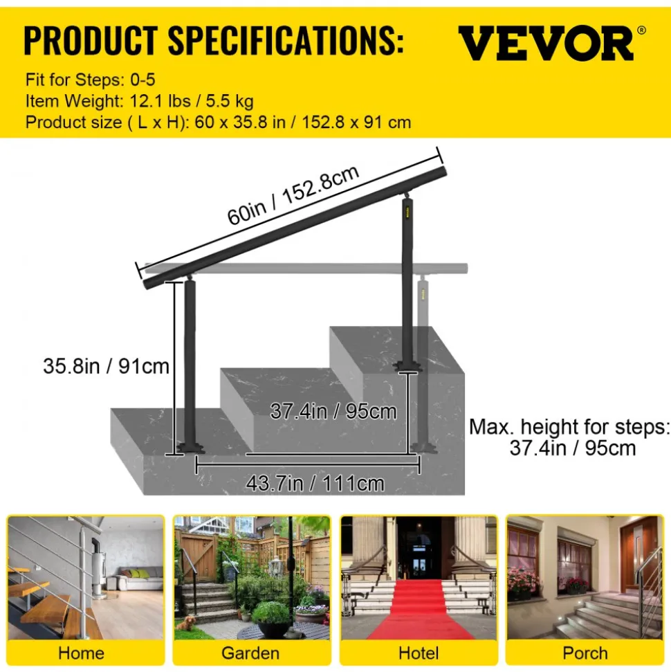 VEVOR Outdoor Stair Railing Kit, 5 FT Handrails 0-5 Steps, Adjustable Angle Black Aluminum Stair Hand Rail for The Elderly, Handrails for Indoor & Outdoor Steps