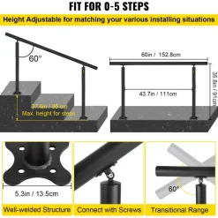 VEVOR Outdoor Stair Railing Kit, 5 FT Handrails 0-5 Steps, Adjustable Angle Black Aluminum Stair Hand Rail for The Elderly, Handrails for Indoor & Outdoor Steps