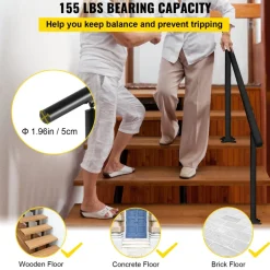 VEVOR Outdoor Stair Railing Kit, 5 FT Handrails 0-5 Steps, Adjustable Angle Black Aluminum Stair Hand Rail for The Elderly, Handrails for Indoor & Outdoor Steps