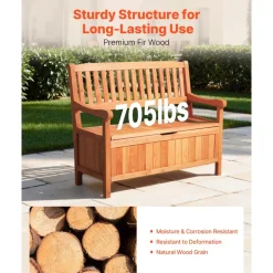 VEVOR Outdoor Storage Bench, 2-Person Wooden Storage Bench, 33 Gallons Deck Box with Side Handle, Supports up to 705 lbs, Outdoor Seating & Porch Decor, for Patio Garden Balcony Yard