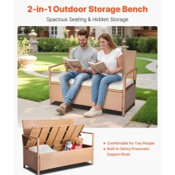 VEVOR Outdoor Storage Bench, 2-Person PE Rattan Storage Bench, 70 Gal Deck Box with Cushion, Supports up to 265 lbs, Weatherproof Outdoor Seating & Porch Decor for Patio Garden Balcony Yard